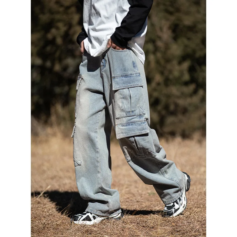 Cargo Pants Denim Pant Vintage Washed Distressed Pockets Splice Men Jeans Traight Trousers High Street Casual Loose 2026 Spring
