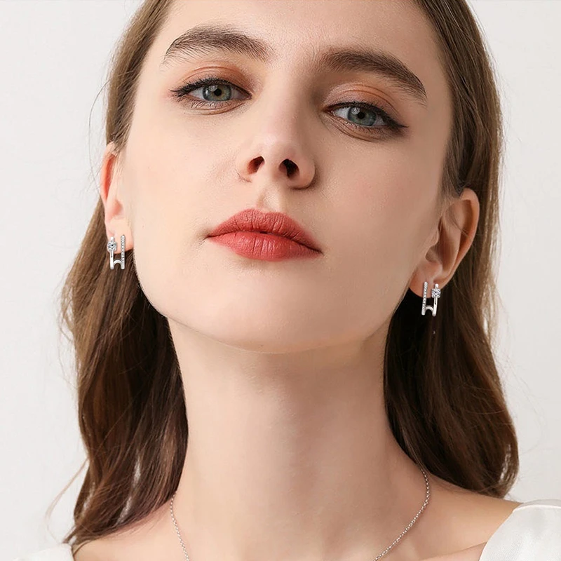 Anziw NEW 4mm Moissanite Piercing Stud Ear Cuffs 925 Sterling Silver Double Side Hoop Earrings for Women Illusion Jewelry Gifts