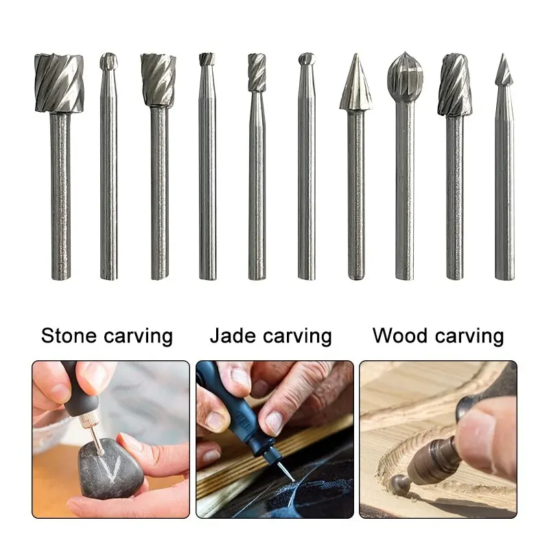 10pc HSS Woodwork Rotary File Handmade DIY Electric Grind and Grinding Head Engrave and Mill Cutter Natural Color Drill Bit Set