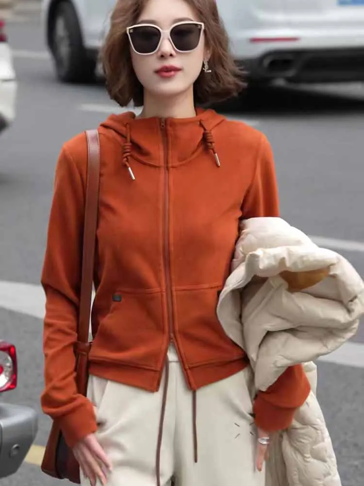 

Faionable Hooded Long Sve Orange Sweatirt Women's Autumn Winter New Sle Inner Wear Top High Quali Double Zipper