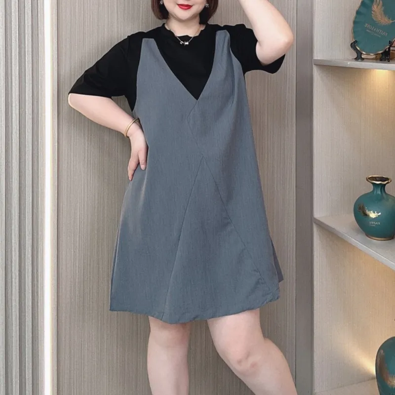 Fake Two Piece Block Color short-sleeved Dress Women Summer New Plus Size Fashion Temperament Loose Dress