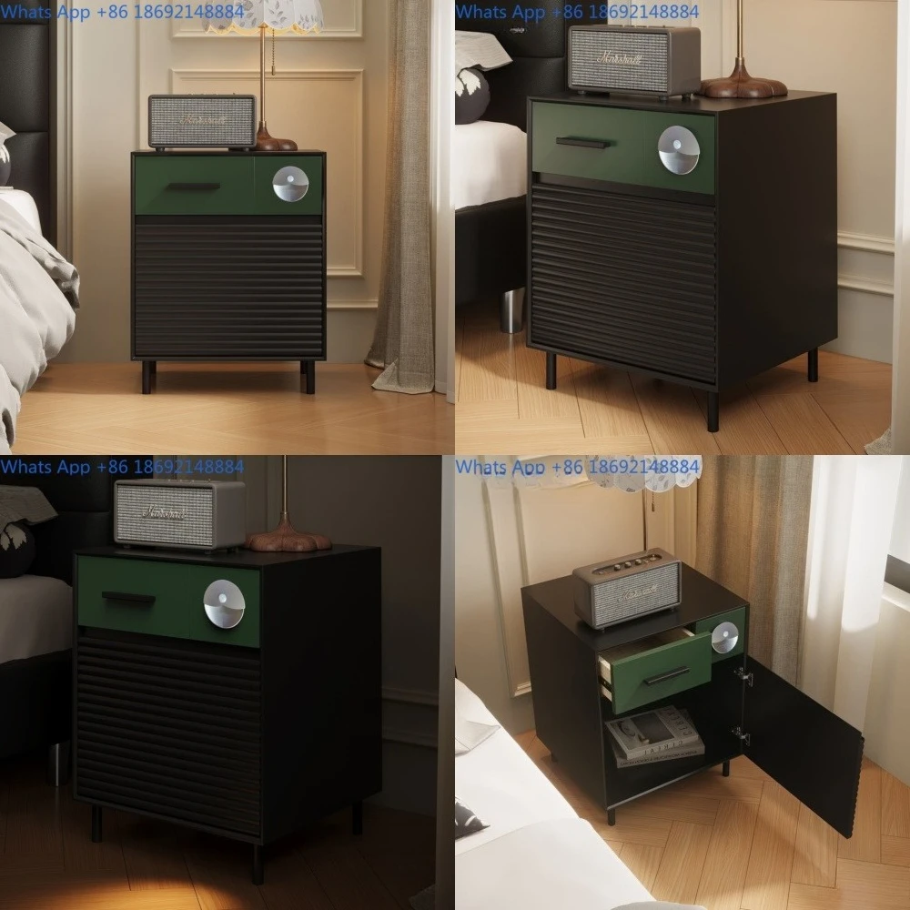 

French Style Solid Wood Nightstand Green Minimalist Design with LED Light Bedside Cabinet Vintage Storage Furniture
