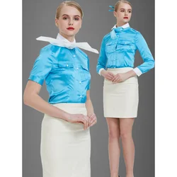 South Korean Flight Attendant Interview Etiquette Suit Glossy Full Sleeved Shirt Short Sleeved Shirt Skirt Blue Apron S-2XL