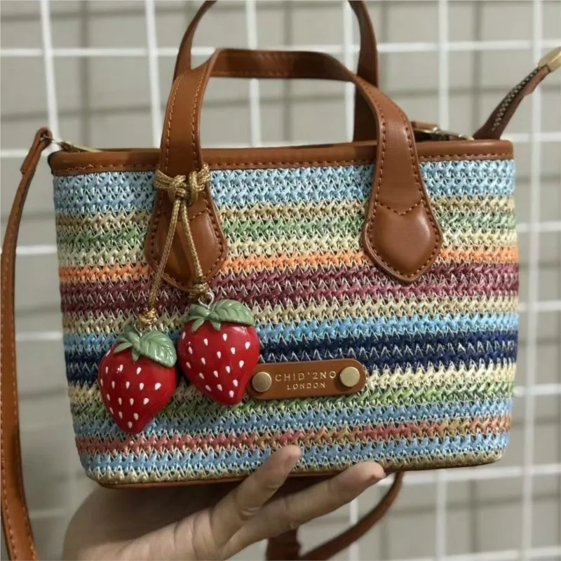 

Fashion Rainbow Knitted Handbag Women Square Large Capacity Bucket Shoulder Bag Ladies Beach Vacation Seaside Crossbody Bag Chic