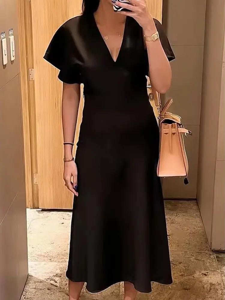 캐주얼 여성용 솔리드 드레스 실크 질감 브이넥 반팔 루즈핏 미디 드레스 2025 여름 시크 엘레강스 여성 새틴 드레스
