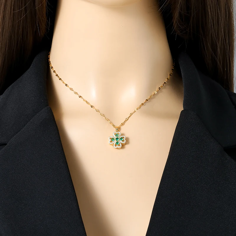 EILIECK New Fashion Stainless Steel Rotating Green Clover Zircon Necklace Bracelet Set For Women Trendy Waterproof Jewelry Gift
