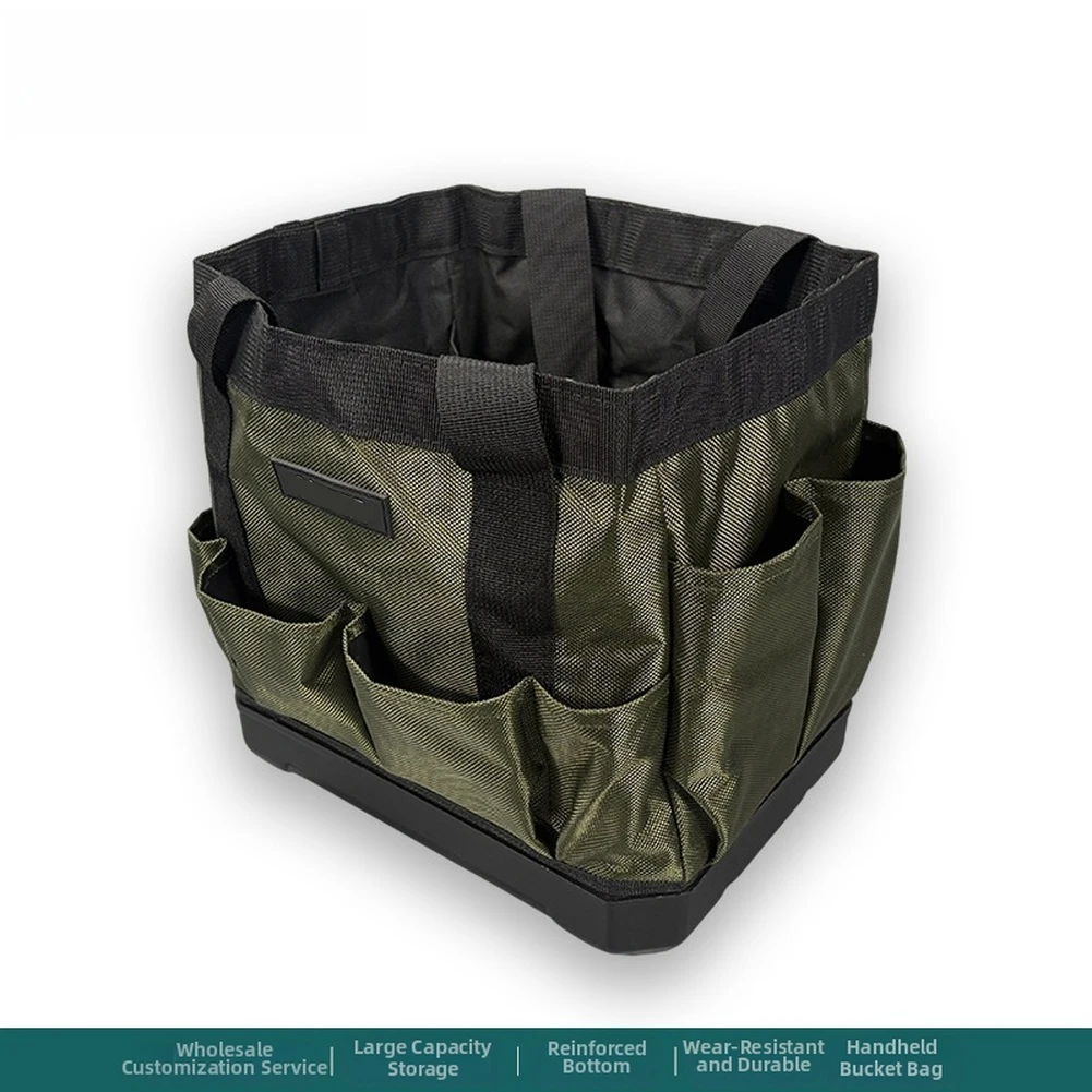 Portable Tool Bucket Oxford Tool Bag For Workshop Reinforced Plastic Base Multiple Pockets Built-in Compartments