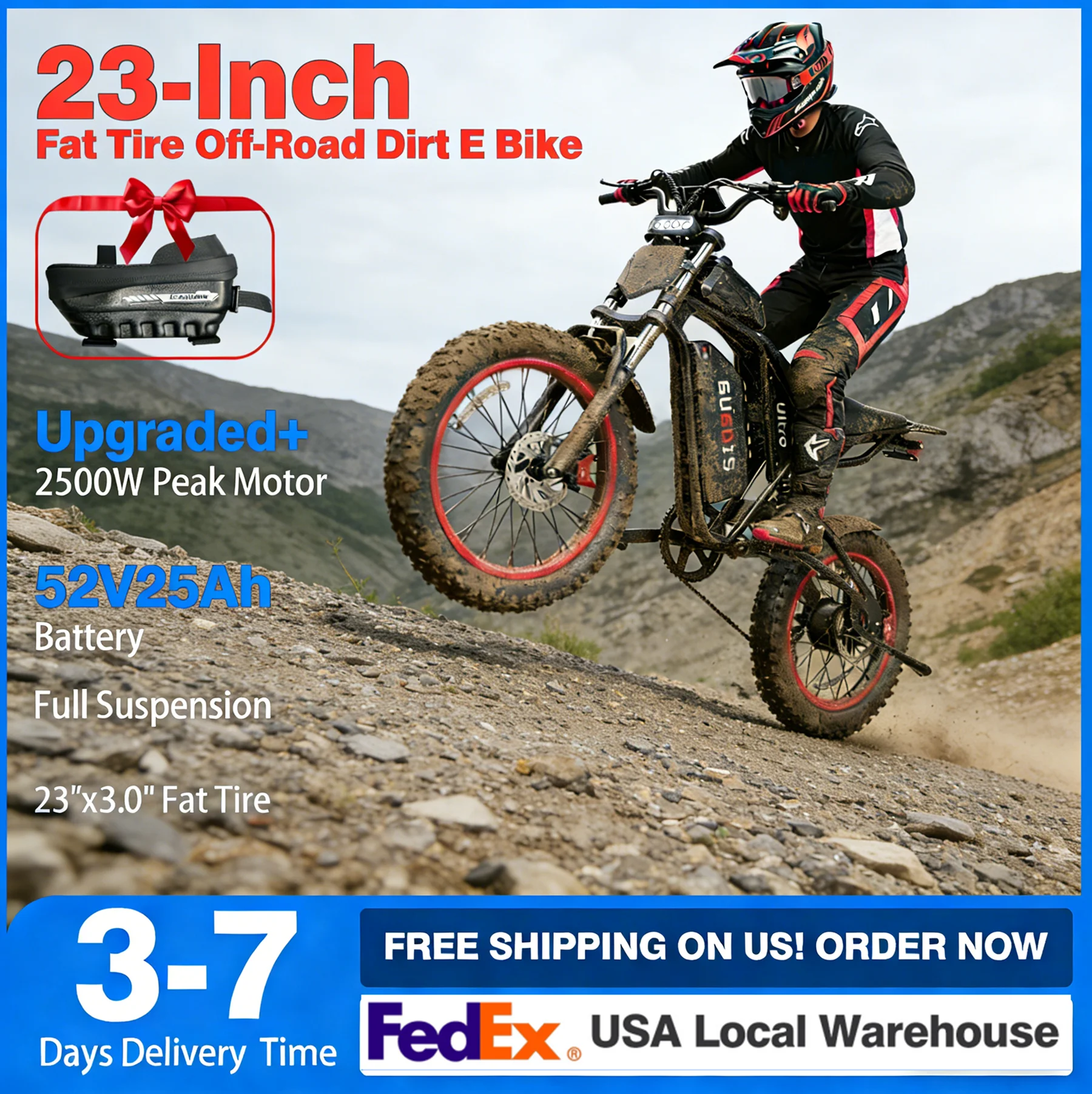 

2500W Electric Dirt Motocycle for Adults & Teens with NFC Unlock, 52V 25Ah UL Battery, 90 Miles, 40MPH, 23" Off-Road Fast E Bike