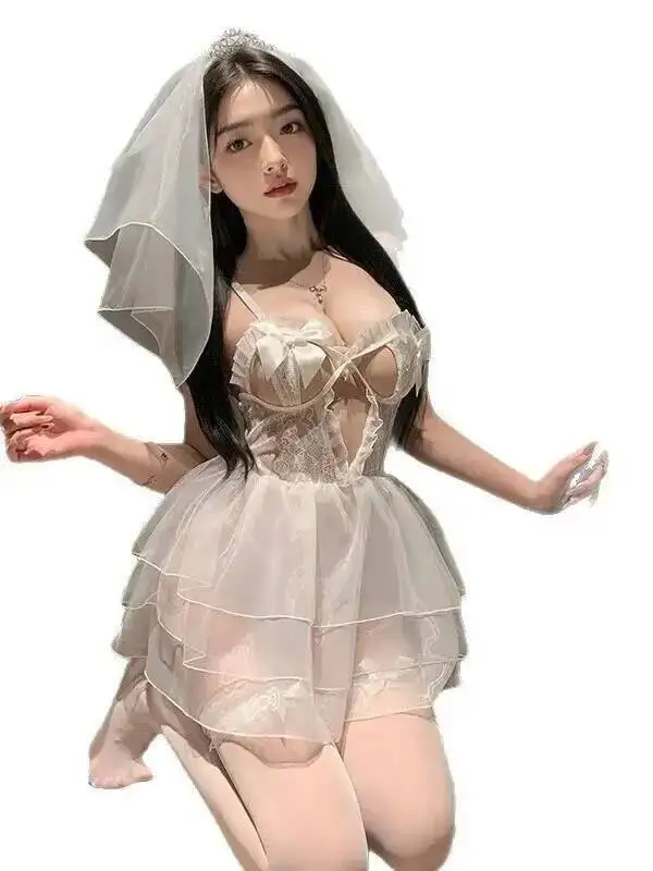 Lingerie sexy Gioco di ruolo Abito da sposa trasparente uniforme in pizzo Abito da sposa sexy allettante elegante Moda donna sexy GGS8