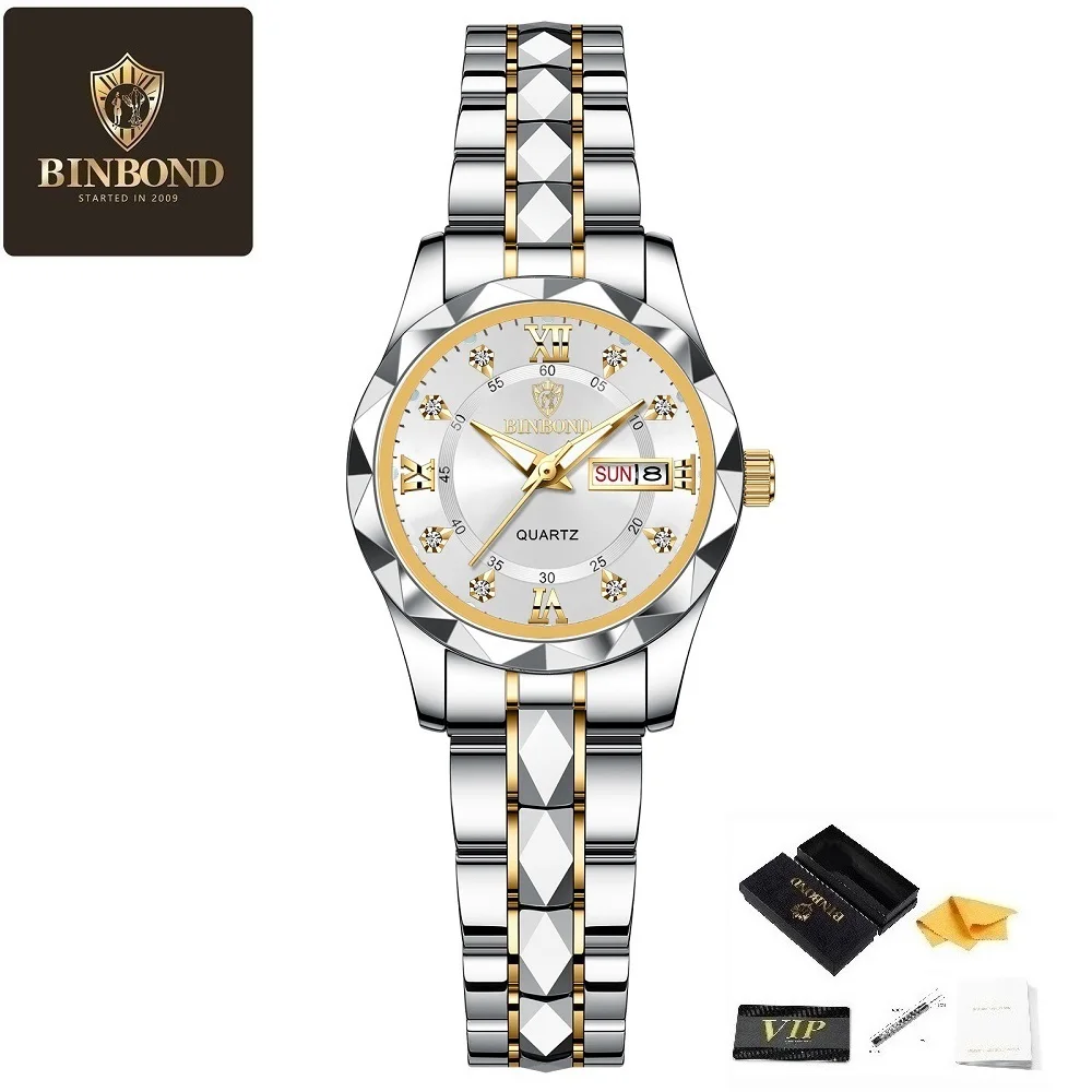 BINBOND Women's Watch Fashionable and Trendy Night Light Waterproof Watch Display Date and Wee Women's Light Luxury Quartz Watch