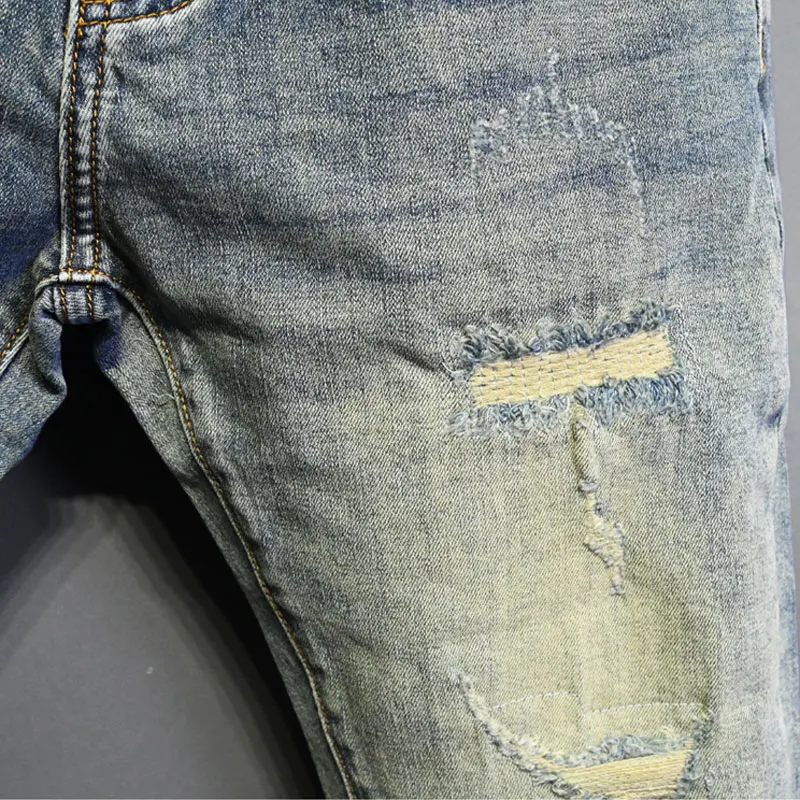 Jeans da uomo di alta moda di strada retrò lavati blu elasticizzati Skinny Fit Jeans strappati da uomo pantaloni Casual in Denim firmati Vintage Hombre