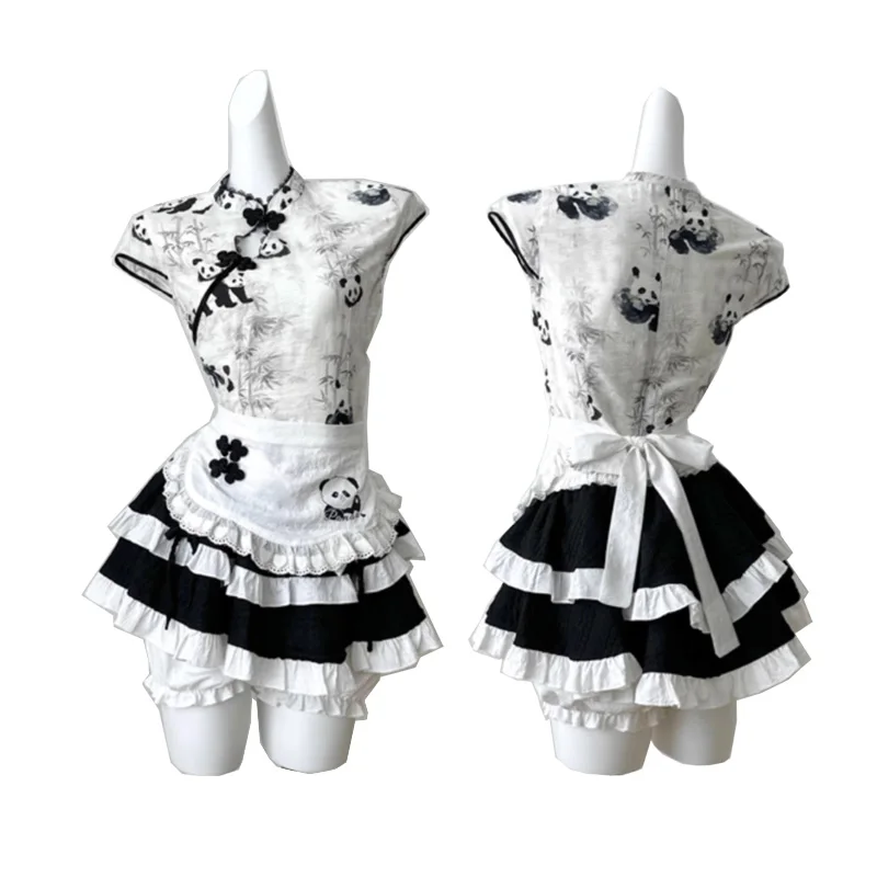 

Chinese Maid Dress Cosplay Lolita 3 Piece Set Women Elegant Cute Panda Print Blouse Tops Apron Mini Cake Skirt Suits Y2k Outfits