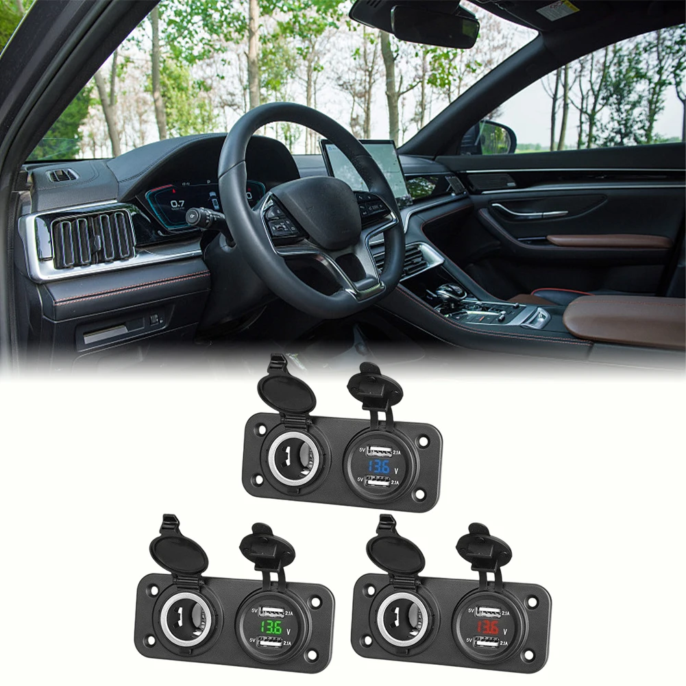 Recessed Dual USB Socket Panel 12V 24V with Digital LED Voltmeter for Car Truck RV Boat Trailer Camper Tractor UTV