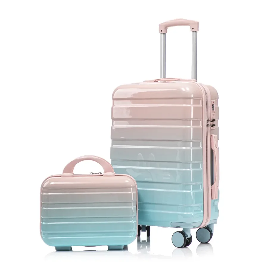 

2 Piece Spinner Luggage Set Gradient PC Hardshell Carry-On Suitcase with Cosmetic Case 20″ + 14″Blue and Pink
