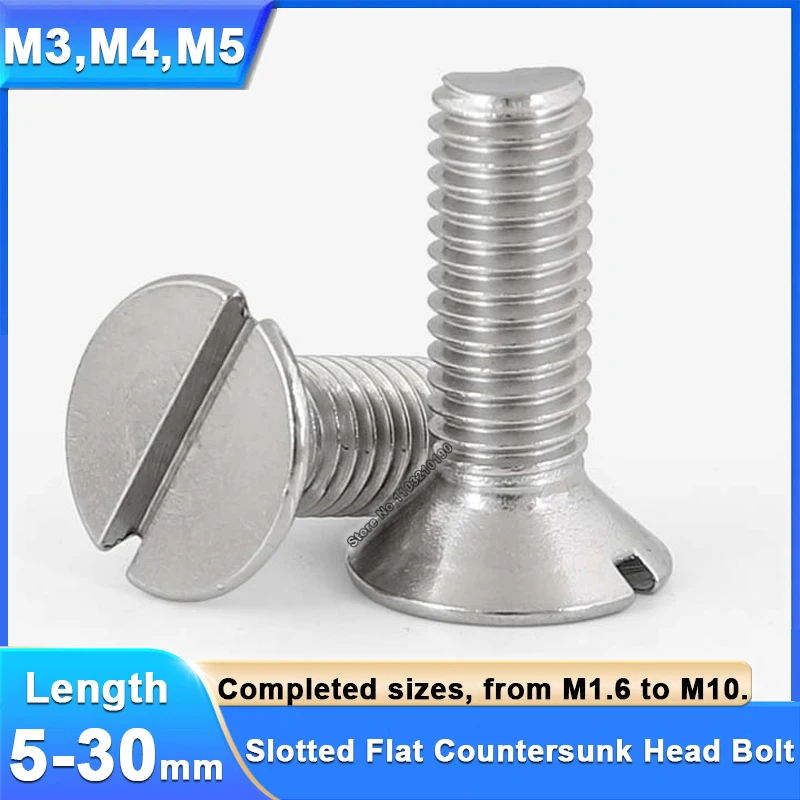 

10-100Pcs M3 M4 M5-M10 304 Stainless Steel GB68 Metric Threaded Slotted Flat Countersunk Head Machine Screw Bolt Length 5-30mm