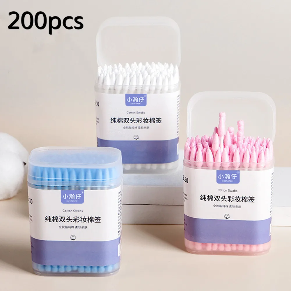 Hot 200pcs/Box Color Double-headed Cotton Swab Sterile Cotton Buds Makeup Sticks Ear Wax Spoon Remover Cleaning Cosmetic Tools