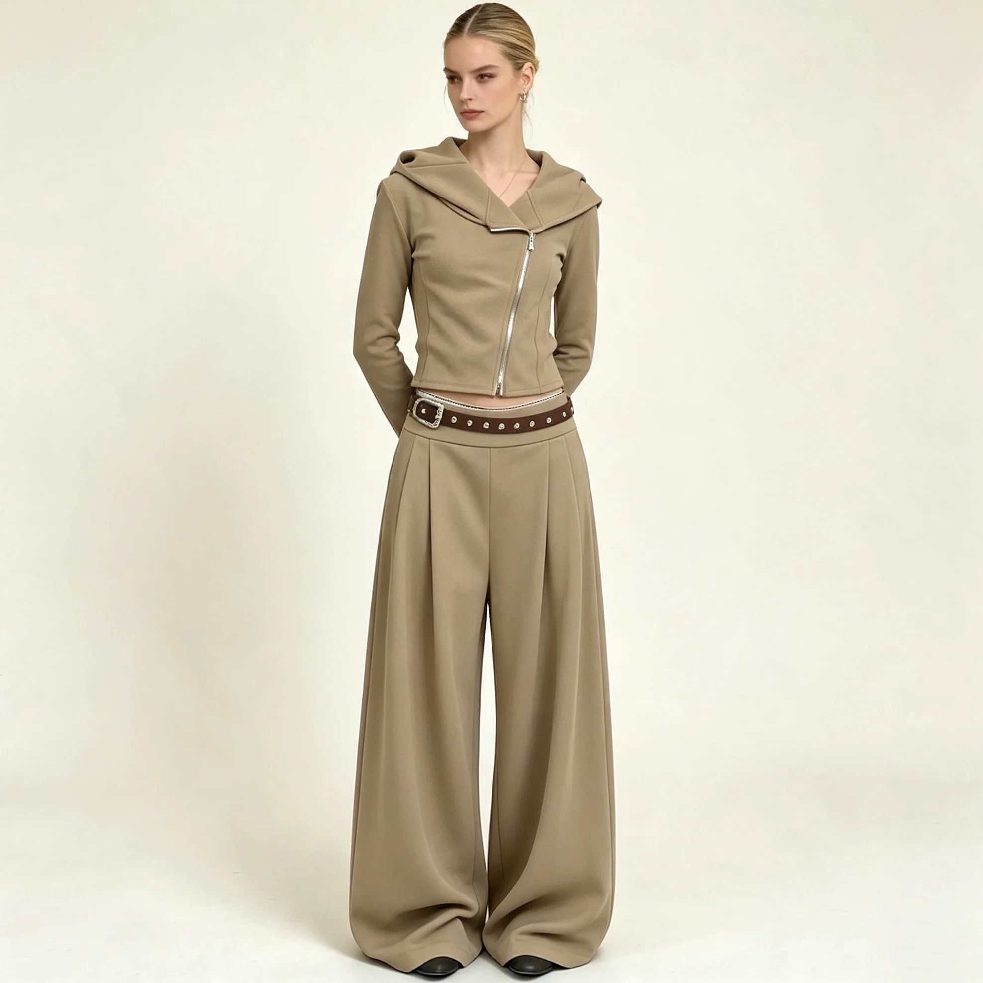 RU 2026 Women Two Piece Set Hooded Diagonal Zip Cropped Jacket Wide Leg Pleated Pants Casual Matching Outfit