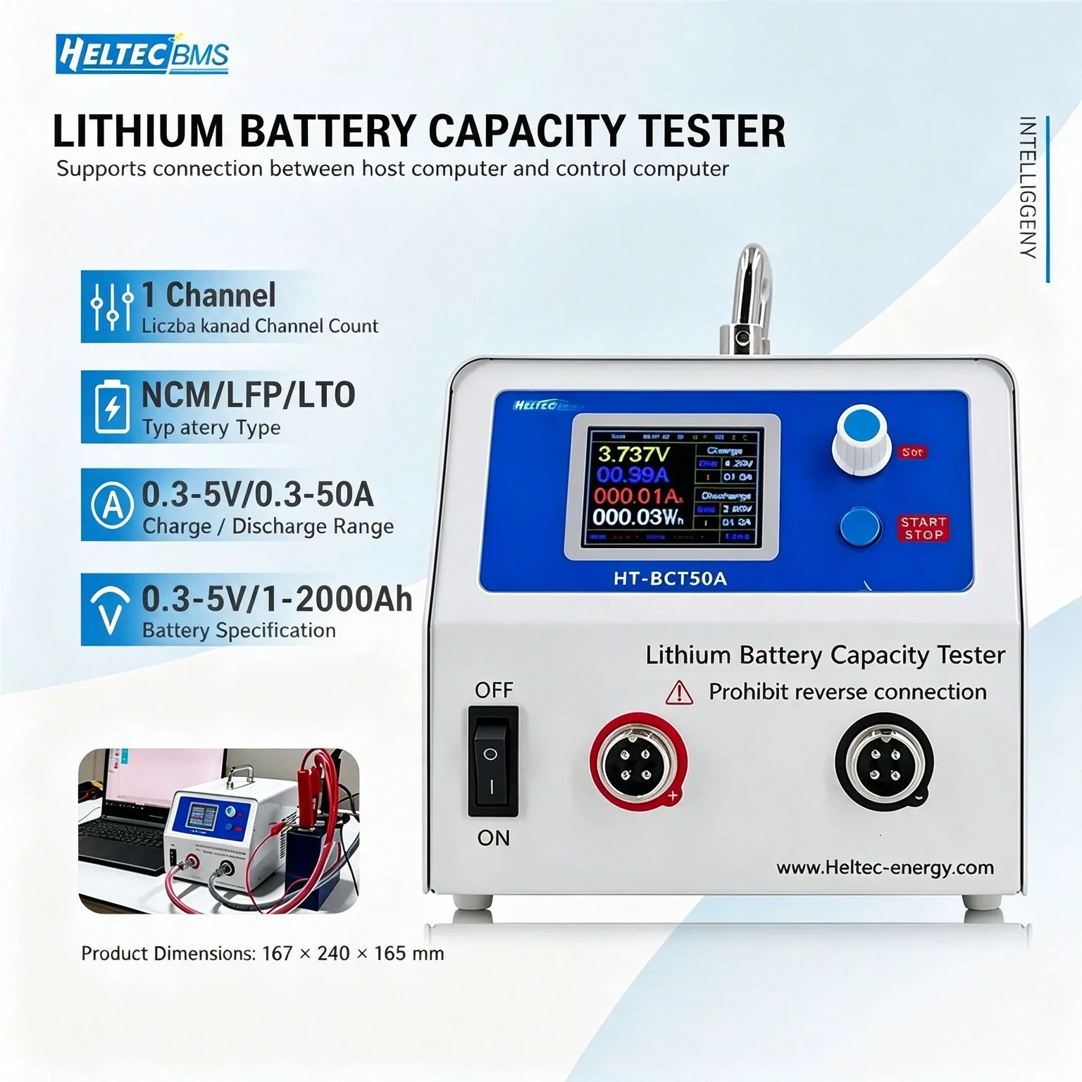 Heltec HT‑BCT50A Single‑Channel 5V 50A Lithium Battery Capacity Tester, Charge Discharge Cycle Balancing Analyzer for NCM LFP LTO 1‑2000Ah Cells, AC200‑220V 50/60Hz with PC Software