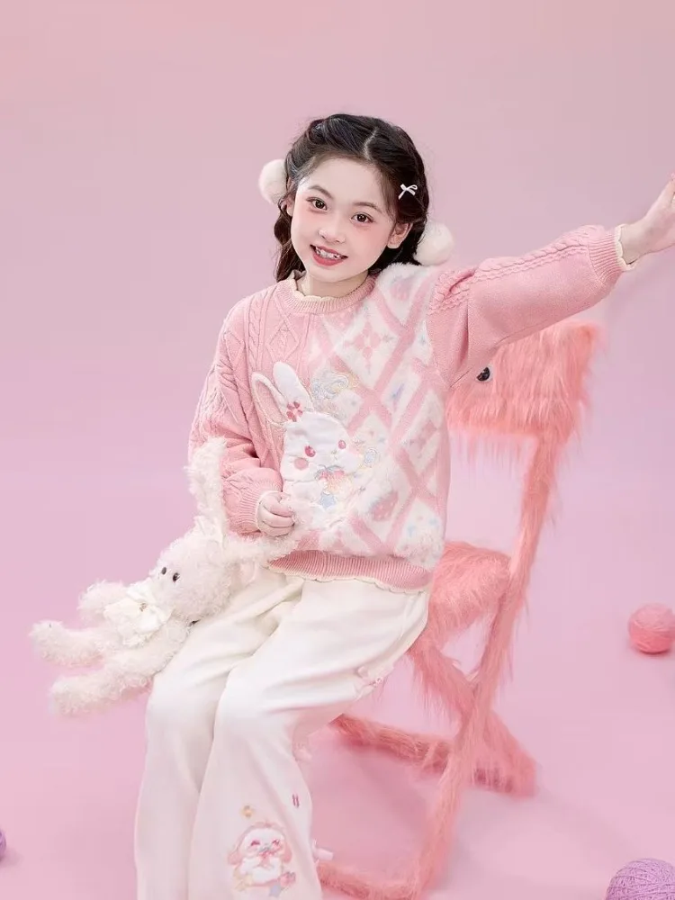 سترة أطفال جديدة للخريف والشتاء، سترة صوفية كرتونية سميكة ودافئة للفتيات، بلوزة سفلية على شكل أرنب لطيف للأطفال
