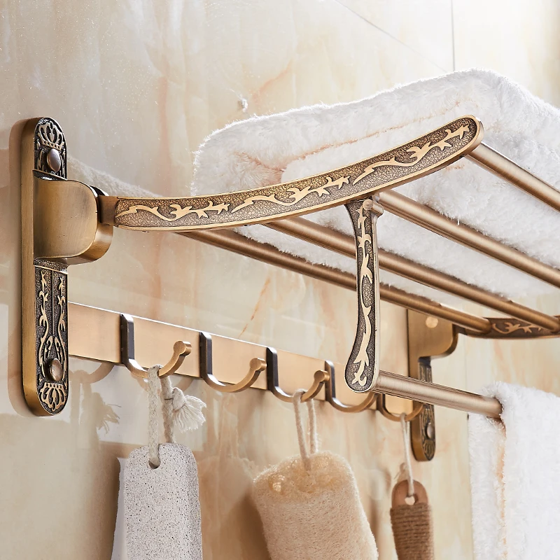 

Aluminum Foldable Antique Brass Bath Towel Rack Active Bathroom Towel Holder Double Towel Shelf With Hooks Bathroom Accessories