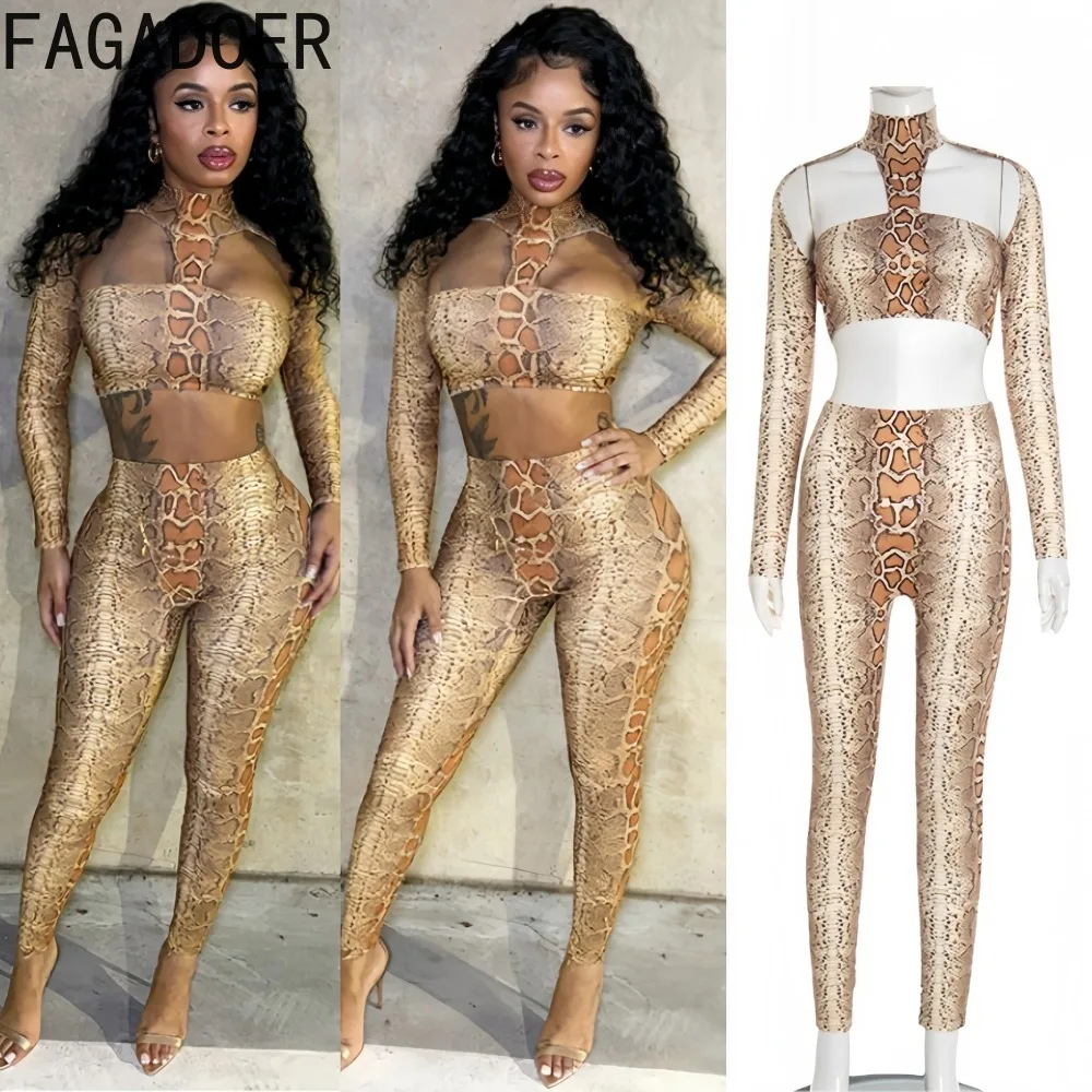 

FAGADOER Sexy Serpentine Print Woman 2 Piece Set Outfit Hollow-out Halter Backless Crop Top and Pants Female Streetwear Clothing