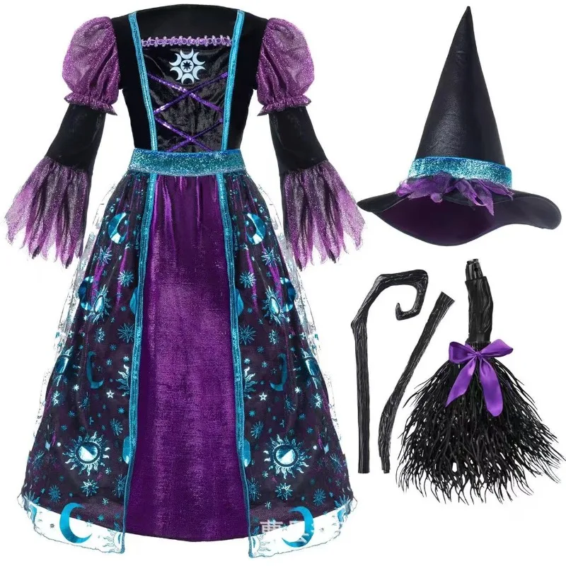 

Halloween Children's Witch Costume Set for Girls: A Mystical Ensemble Featuring A Purple Star and Moon Pattern Dress