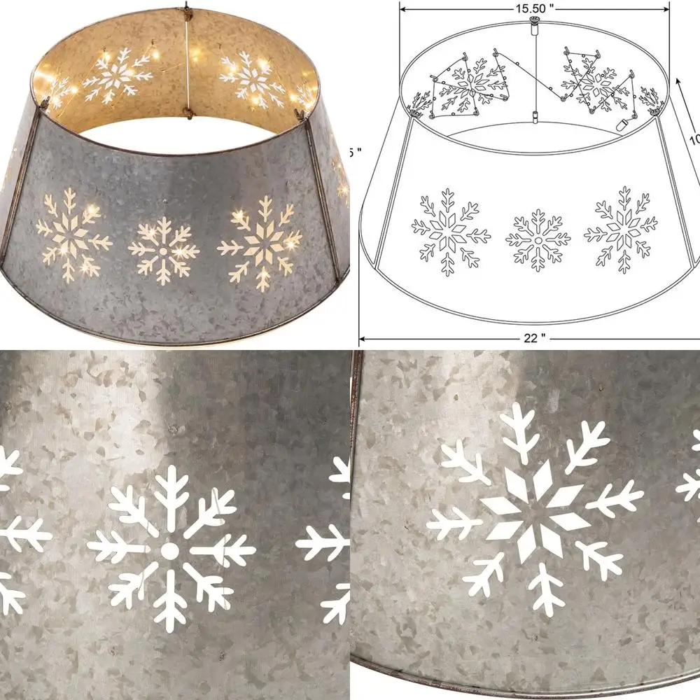 

Galvanized Metal Christmas Tree Collar, 21 Diameter, Snowflake Design with String Lights, Artificial Tree Base Cover, Xmas Tree