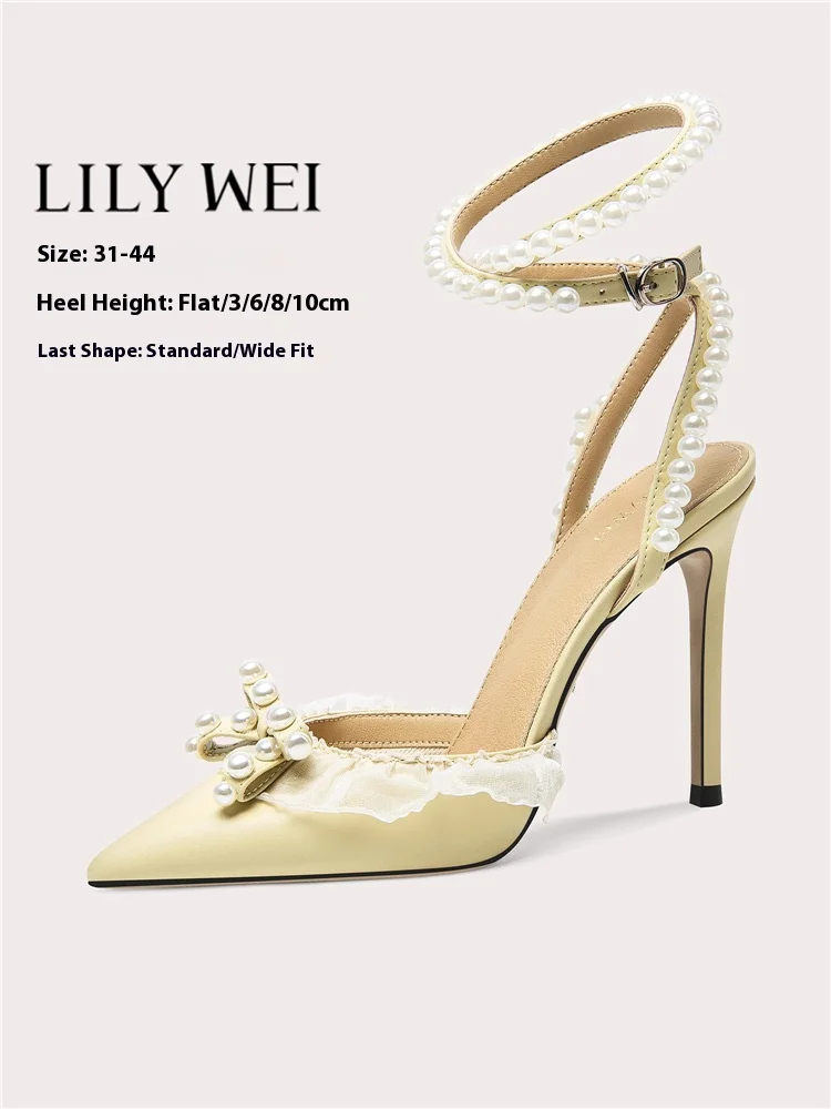 

Summer new pointed toe hollow pearl lace mesh bow leather flat shoes thin high heel banquet large size small size women's sandal