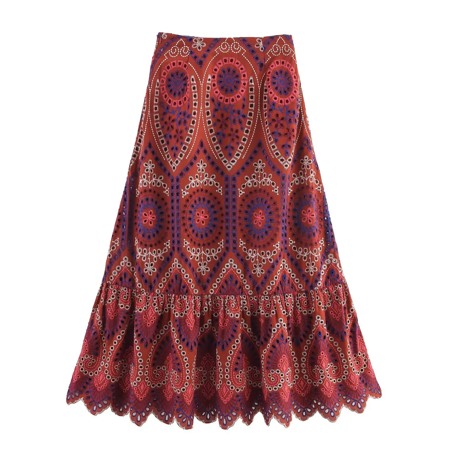 Maxdutti 2025 Summer Bohemian Retro Embroidered Midi Skirt French Vintage Country Style A-line Skirts Womens