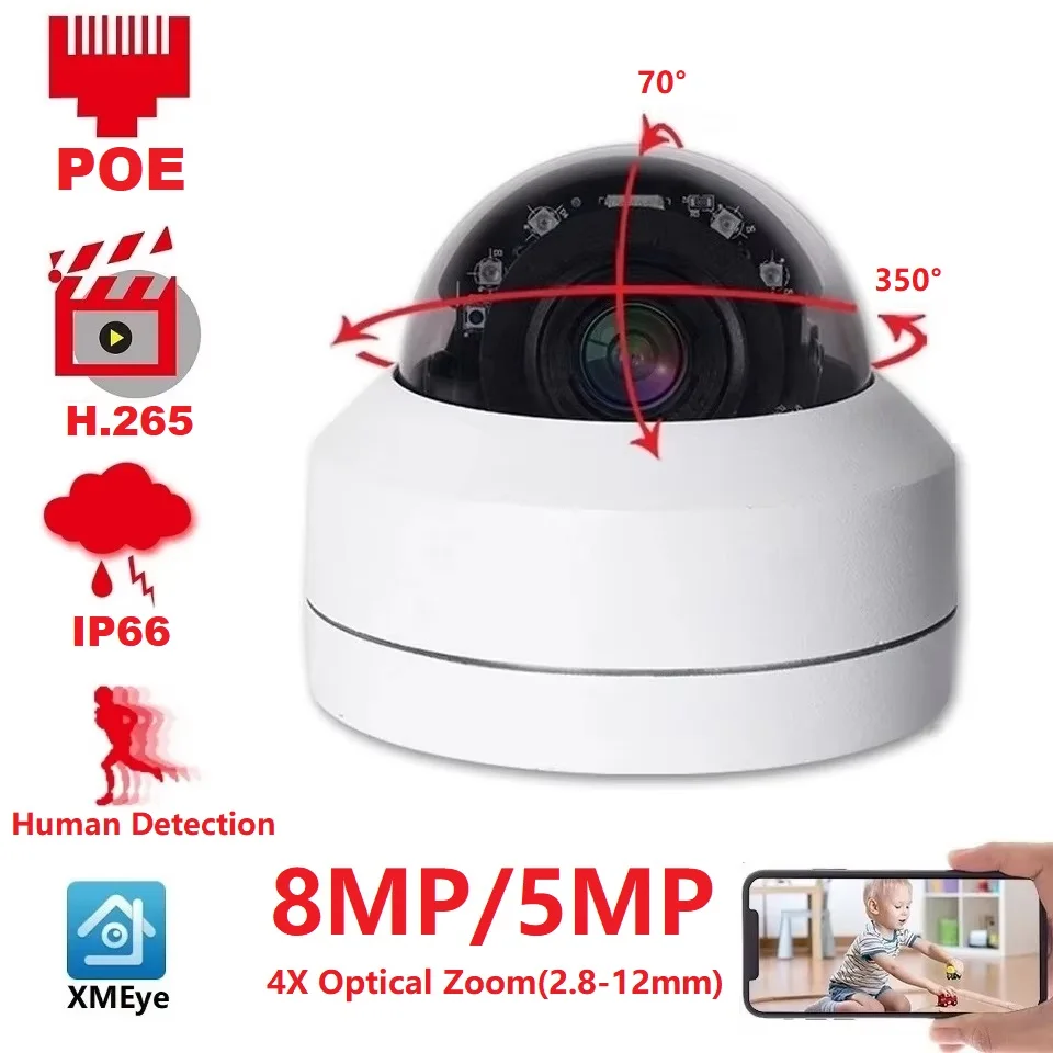 

5MP 8MP 4K PTZ IP POE Dome Camera 4X Optical Zoom Human Detection H.265 CCTV RTSP Anti Vandal AI Street Security Home Camera