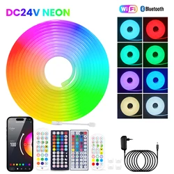 24V RGB Neon LED Strip Tuya Wifi Bluetooth APP Remote Control Waterproof RGB Neon Light for Bedroom Gaming Room  5M 10M 15M 20M