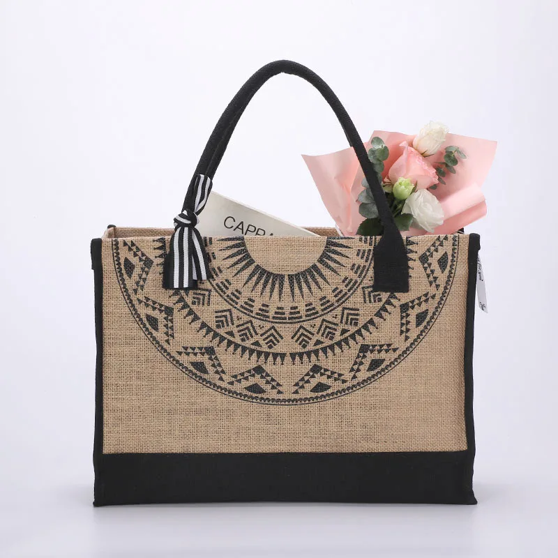 Fashion Retro Shopping  Bag Tote Simple Jute Large Capacity Printing Ethnic Style Ladies Shopping Party  Gift DIY Gi