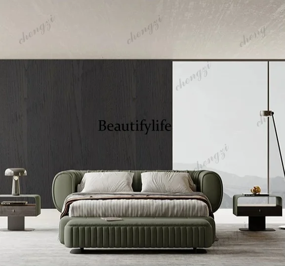 Superior master bedroom bed, Italian minimalist Nordic modern light luxury leather bed