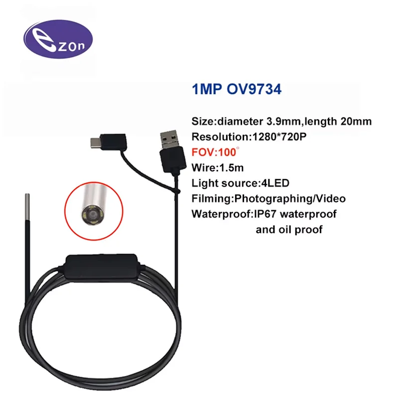 

1MP diameter 3.9MM endoscope camera 3-in-1 cable FOV100゜USB OTG Android EZ-EN39L-RT-PL