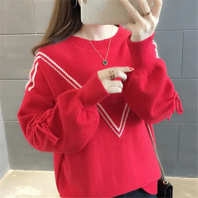 All-match Women\'s Clothing Round Neck Pullover Solid Color Sweater Knitted Long Sleeve Bandage Office Lady Vintage Sweet Tops