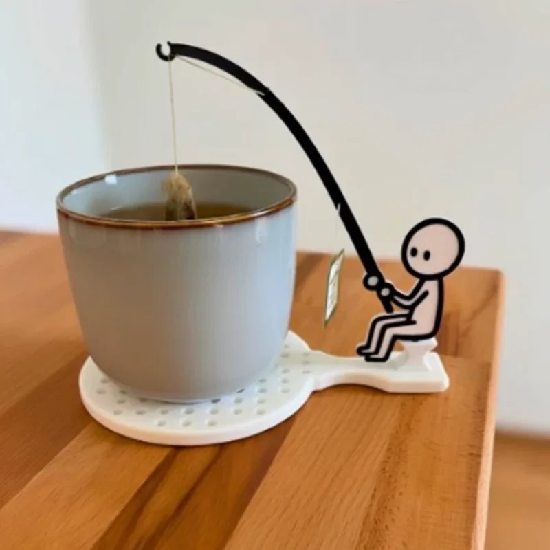 Creative and fun little man fishing coaster tea bag holder, stretchable rope to control interest drinking water tool