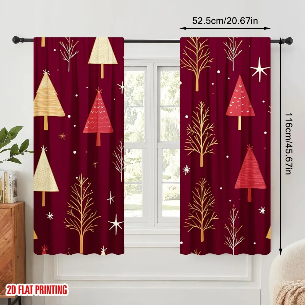 2pcs,2D plane printing Light Filtering Curtains Christmas trees golden red_a (3) 100% Polyester (without rod) All Seasons Use