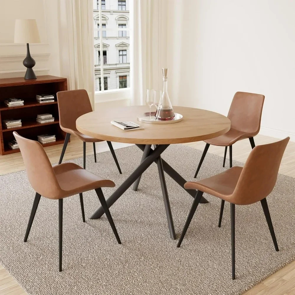 45.3-inch circular dining table set for 4 people, suitable for restaurant kitchen (table+4 brown chairs)