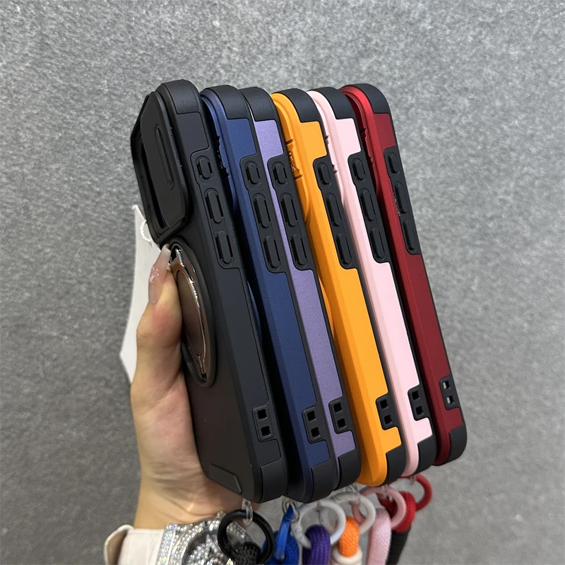 Slide Camera Protection Ring Magnetic Case For iPhone 17 16 15 14 13 12 11 Pro Max Wrist Strap Cord For Magsafe Shockproof Cover