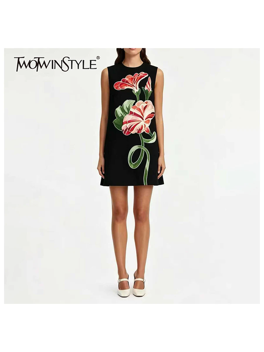 TWOTWINSTYLE Embroidered Spliced Flower Slimming Dress for Women Round Collar Sleeveless Patchwork Zipper Mini Dresses Female