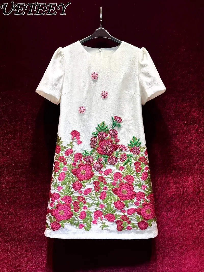 Senso di fascia alta Unico Industria pesante Perline Abito jacquard a maniche corte che riduce l'età Temperamento eleganza femminile Nuovi abiti