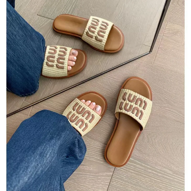 

Винтажные тканые льняные сандалии на одном ремешке на заказ, женские уличные пляжные сандалии на плоской подошве для летних каникул 202, женские крутые тапочки