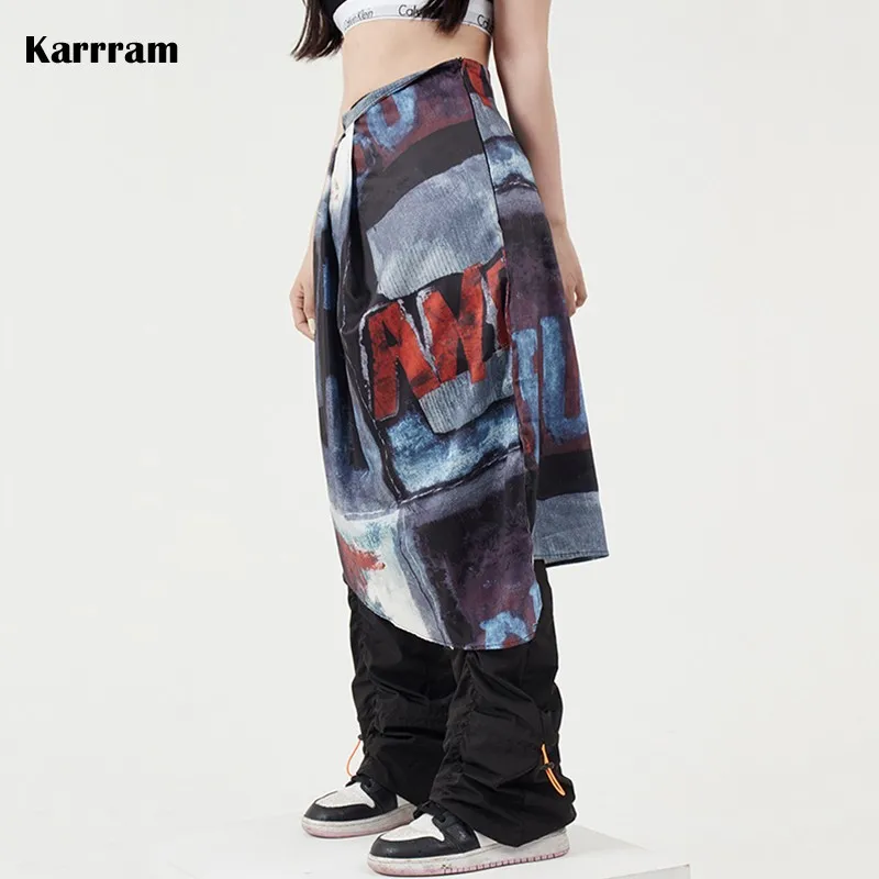 Karrram Japanese Fashion Irregular Midi Skirt Women Chic Designer Clothes Tie Dye Printed Vintage Hip Hop Skirt Punk Streetweaer