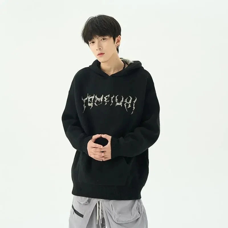 Y2k Männer Pullover Grafik Druck Slouchy Mit Kapuze Pullover Für Männer Im Winter Vintage Stricken Schwarz Pullover Trend Top Harajuku Streetwear