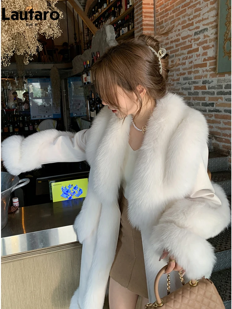 Lautaro Autumn Winter Luxury Soft Thick Warm Long Suede Patchwork Faux Fur Coat Women with Fake Fox Fur Trim Fluffy Overcoat