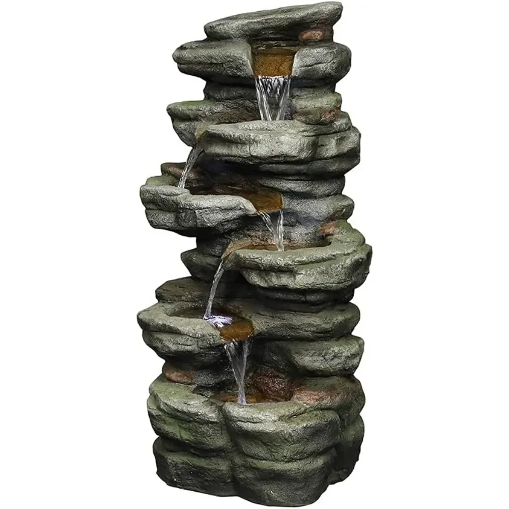 30.7inches Outdoor Water Fountain - 6-Tiers Rock Waterfall Fountain with Led Lights for Home Garden Decor