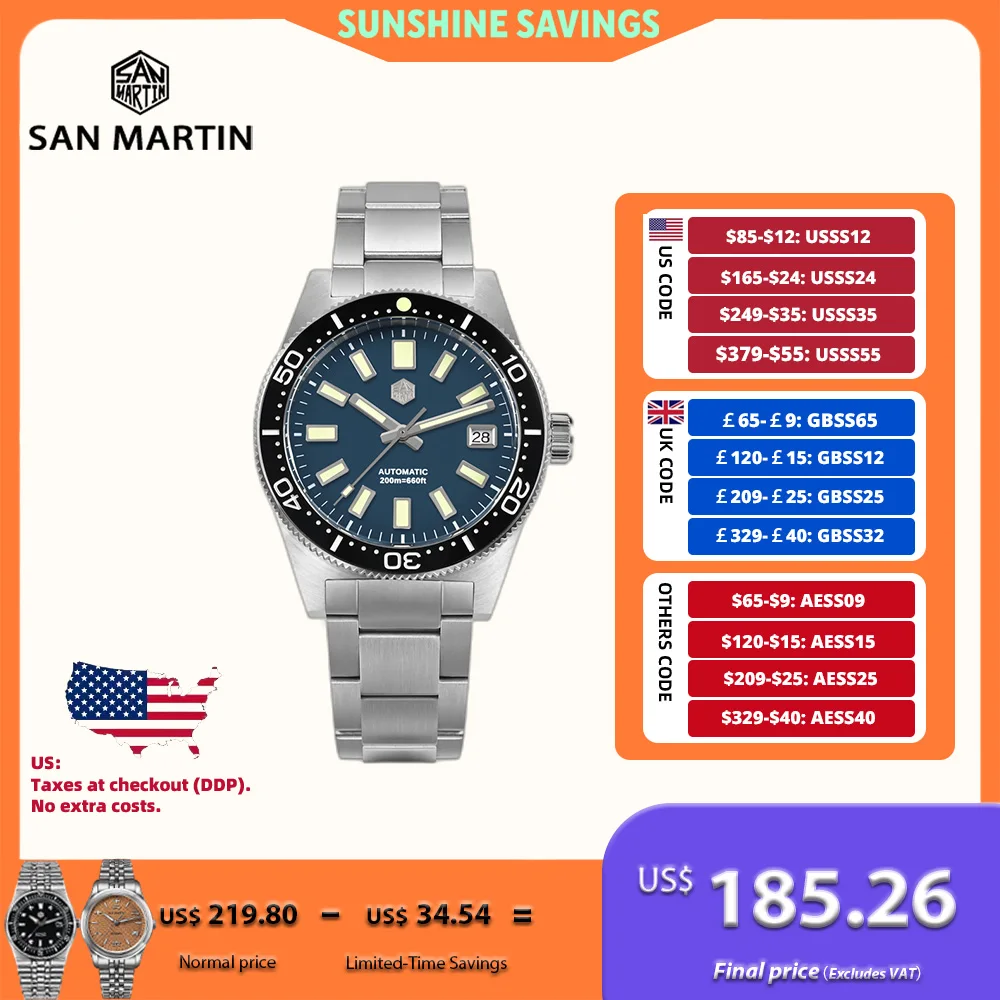San Martin 39mm 62mas NH35 reloj automático hombres reloj de pulsera impermeable fecha 20Bar pulsera Tropical FKM correa de goma Lume SN0007B