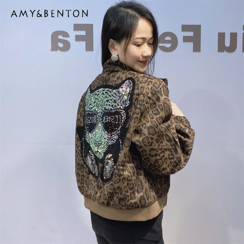 

Fashion Leopard Print Stand Collar Short Zipper Jacket For Women's Autumn Trendy Brand Kawaii Loose Rhinestone Top Coat Outwear