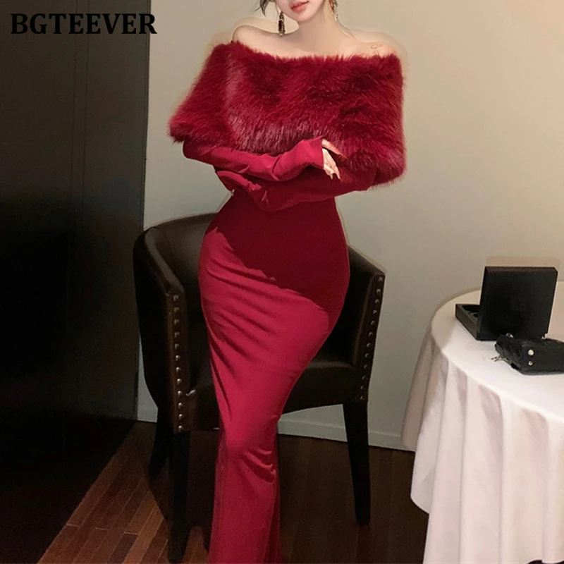 

BGTEEVER осенне-зимнее модное женское облегающее платье-свитер с разрезом на шее, элегантное женское тонкое трикотажное платье с длинными рукавами