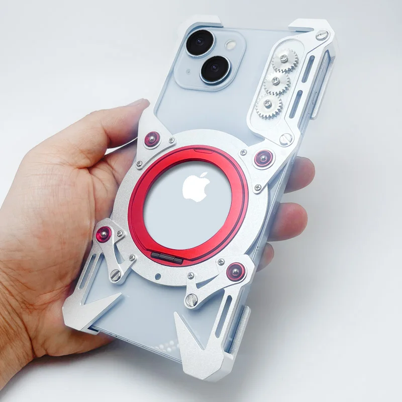 

Роскошный полый металлический чехол для iPhone 16 Pro max, чехол для iPhone 15 14 13 12 Pro, алюминиевый бампер со встроенным на 360° ° Кронштейн с защитой